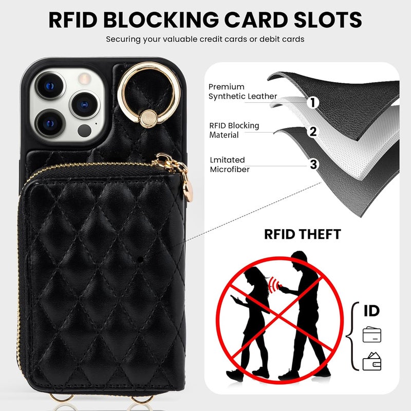 Keallce Case for iPhone 12 Pro/iPhone 12 6.1'' Wallet Case, Crossbody Zipper Purse Handbag Wristlet for Women, RFID Blocking Card Holders, Ring Kickstand Flip Leather Cover for iPhone 12/12 Pro, Black - Image 4